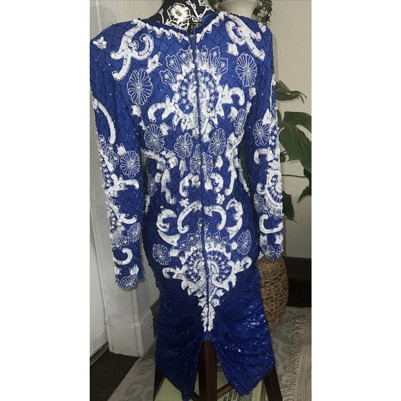 vtg Eves Allure Dress Blue Silk Sequins Beaded 90s Formal small gorgeous - Picture 6 of 10